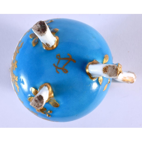 201 - Sevres blue celeste three footed milk jug painted with birds in the style of Oncle, interlaced Ls i... 