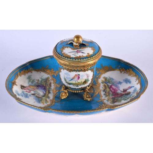 203 - Sevres inkwell cover and stand converted in the 19th c. from an oval dish and toilet pot and cover, ... 