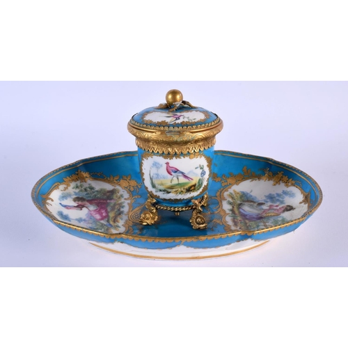 203 - Sevres inkwell cover and stand converted in the 19th c. from an oval dish and toilet pot and cover, ... 