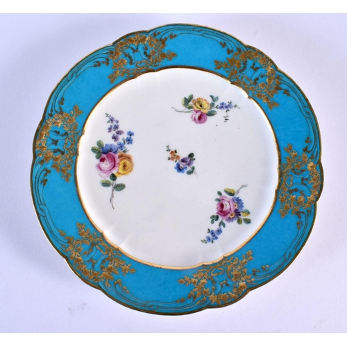 205 - Sevres blue celeste plate painted with a central spray of flowers and three larger sprays under a bl... 