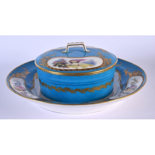 206 - Sevres butter tub cover and fix stand painted with flowers and birds on a blue celeste ground,  inte... 