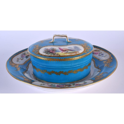 206 - Sevres butter tub cover and fix stand painted with flowers and birds on a blue celeste ground,  inte... 