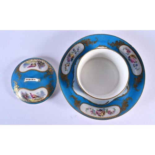 206 - Sevres butter tub cover and fix stand painted with flowers and birds on a blue celeste ground,  inte... 