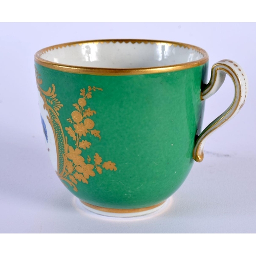207 - Sevres coffee cup and saucer painted with flowers on a green and gilt ground, BD mark for Baudoin, i... 