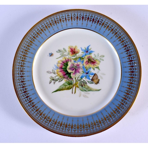 209 - Sevres plate painted with a bouquet of flowers and a two butterflies under a light blue and gilt bor... 