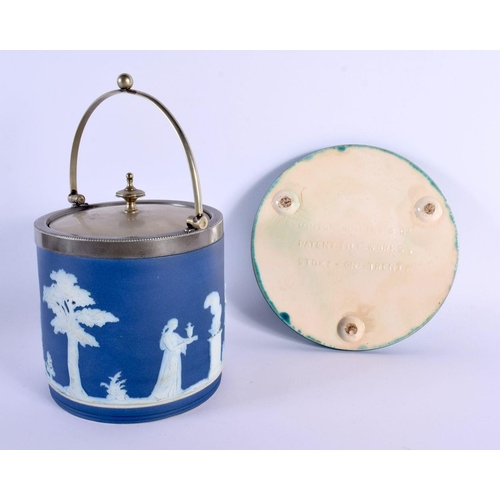 21 - A WEDGWOOD BLUE JASPERWARE BISCUIT BARREL AND COVER together with an antique Minton blue glazed teap... 