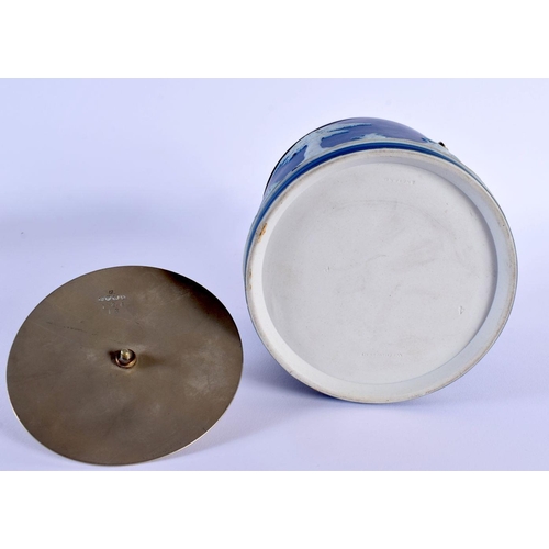 21 - A WEDGWOOD BLUE JASPERWARE BISCUIT BARREL AND COVER together with an antique Minton blue glazed teap... 