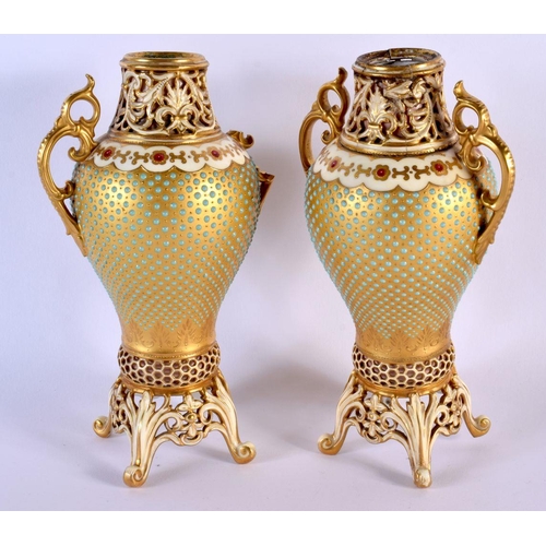 210 - Late 19th c. Coalport superb pair of two handled vase pierced and jewelled with turquoise dots. 22 c... 