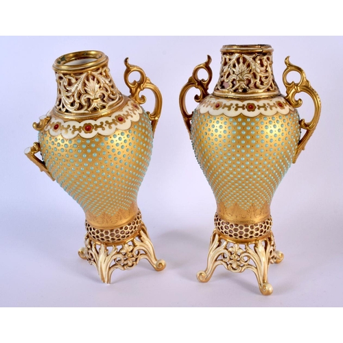 210 - Late 19th c. Coalport superb pair of two handled vase pierced and jewelled with turquoise dots. 22 c... 