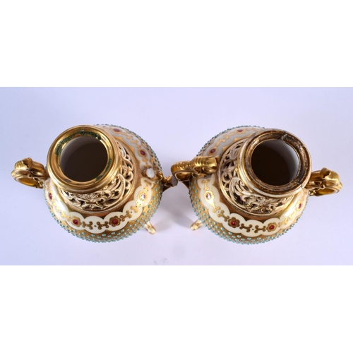 210 - Late 19th c. Coalport superb pair of two handled vase pierced and jewelled with turquoise dots. 22 c... 