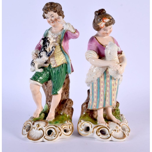 212 - Early 19th c. Derby good pair of figures of a boy with dog and a girl with a lamb, red mark. 18 cm h... 