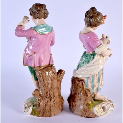 212 - Early 19th c. Derby good pair of figures of a boy with dog and a girl with a lamb, red mark. 18 cm h... 