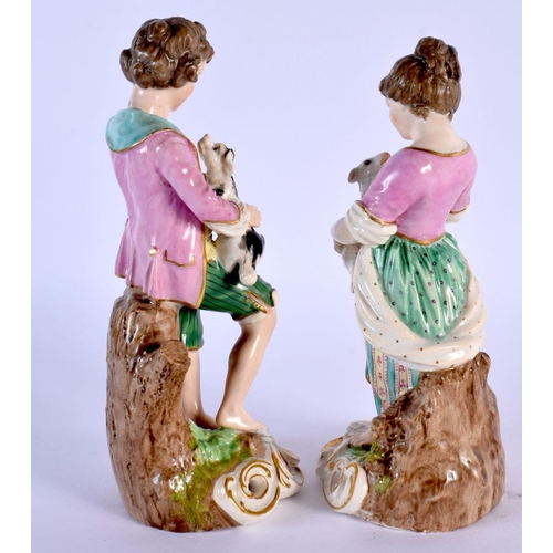 212 - Early 19th c. Derby good pair of figures of a boy with dog and a girl with a lamb, red mark. 18 cm h... 