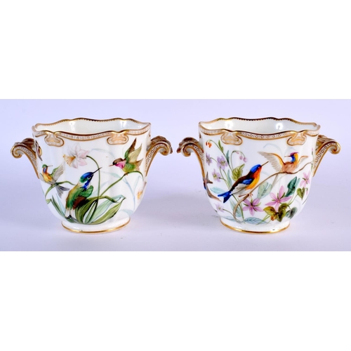 217 - 19th c. Minton fine pair of two handled cache pots painted with hummingbirds and flowers. 13 cm x 8 ... 