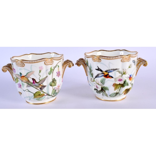 217 - 19th c. Minton fine pair of two handled cache pots painted with hummingbirds and flowers. 13 cm x 8 ... 