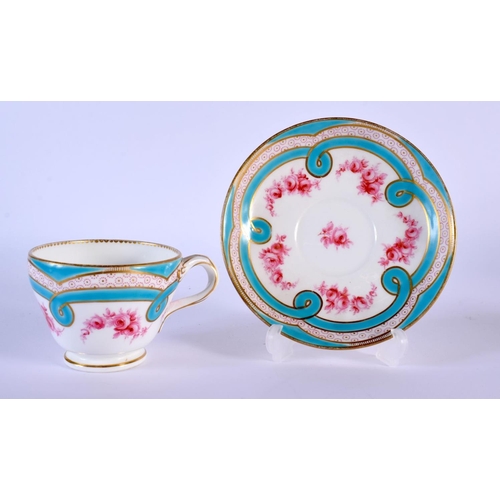 218 - 19th c. Minton teacup and saucer entwined handle painted with two turquoise borders, a peacock eye b... 