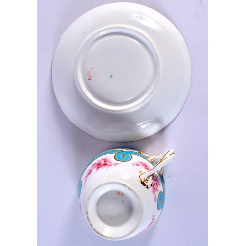 218 - 19th c. Minton teacup and saucer entwined handle painted with two turquoise borders, a peacock eye b... 