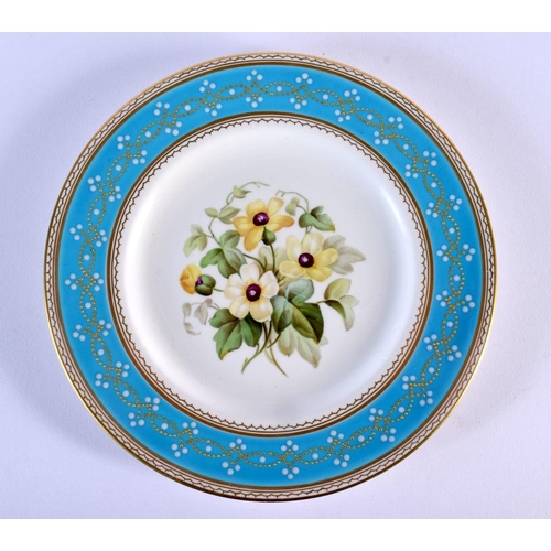 220 - 19th c. probably Minton plate painted with flowers under a turquoise, white enamelled and gilt borde... 