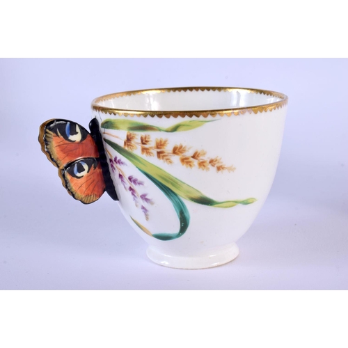 222 - 19th c. English porcelain butterfly handled coffee cup and moulded saucer painted with wild flowers ... 