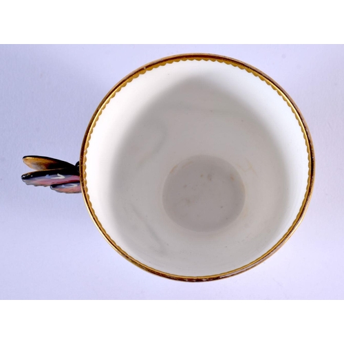 222 - 19th c. English porcelain butterfly handled coffee cup and moulded saucer painted with wild flowers ... 