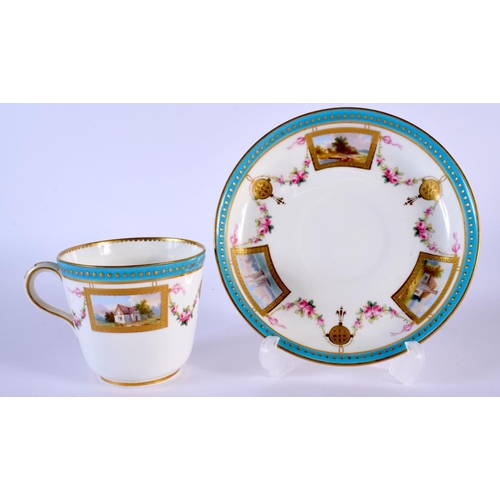 223 - 19th c. Minton coffee cup and saucer each painted with two or three gilt landscape panels under a tu... 