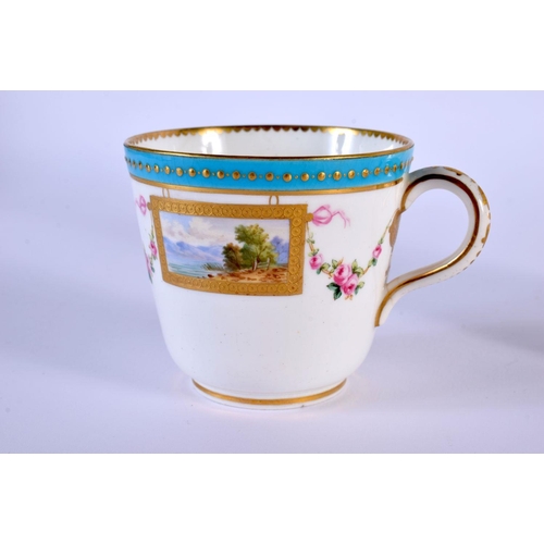 223 - 19th c. Minton coffee cup and saucer each painted with two or three gilt landscape panels under a tu... 