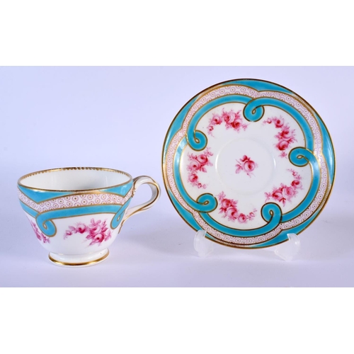 224 - 19th c. Minton teacup and saucer entwined handle painted with two turquoise borders, a peacock eye b... 