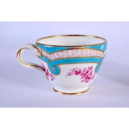 224 - 19th c. Minton teacup and saucer entwined handle painted with two turquoise borders, a peacock eye b... 