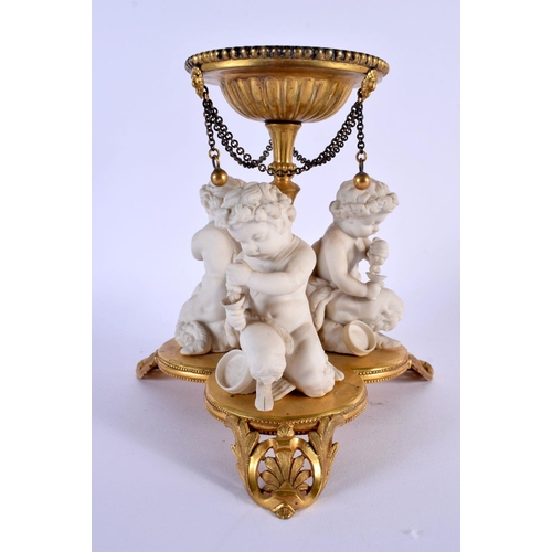 225 - Three continental biscuit figures on a gilt metal stand. 18Cm high.