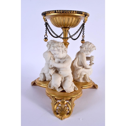 225 - Three continental biscuit figures on a gilt metal stand. 18Cm high.