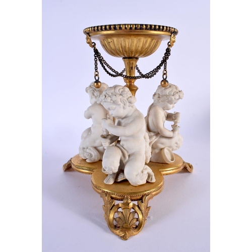 225 - Three continental biscuit figures on a gilt metal stand. 18Cm high.