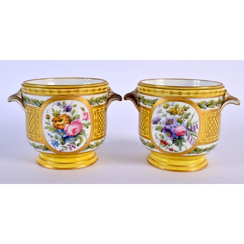 227 - 19th c. French pair of yellow ground cache pots painted with flowers and birds in Sevres style. 9Cm ... 