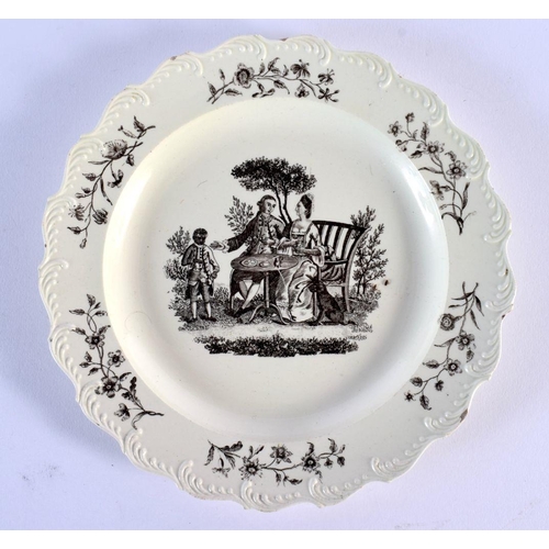229 - Wedgwood creamware plate, of 'Queen's Shape', printed in black by Sadler and Green with the Tea Part... 