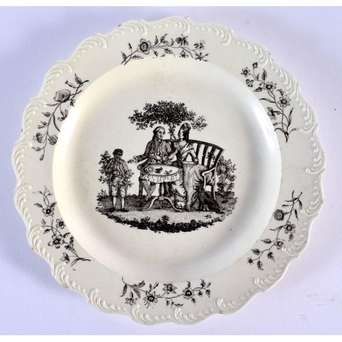230 - Wedgwood creamware plate, of 'Queen's Shape', printed in black by Sadler and Green with the Tea Part... 
