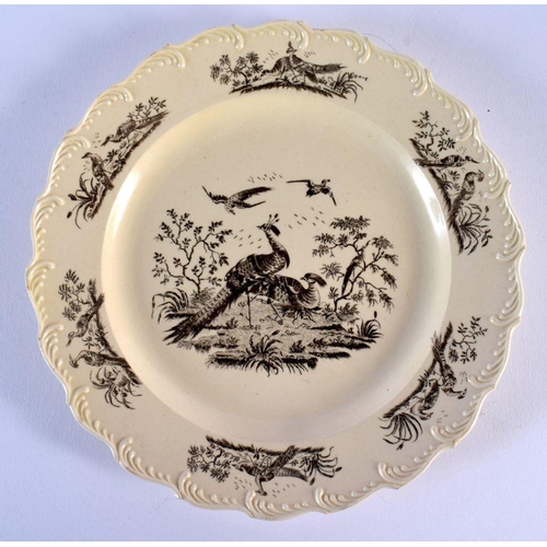 231 - Wedgwood creamware plate, of 'Queen's Shape', printed in black by Sadler and Green with two struttin... 