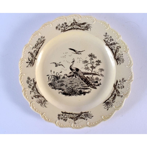 232 - Wedgwood creamware plate, of 'Queen's Shape', printed in black by Sadler and Green with two struttin... 