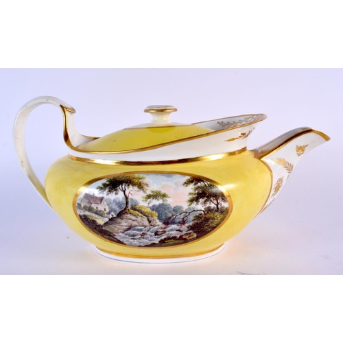 234 - 19th c. Derby rare yellow ground teapot and cover painted with scenes of In Coalbrookdale Salop and ... 