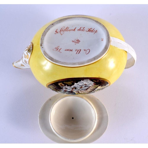 234 - 19th c. Derby rare yellow ground teapot and cover painted with scenes of In Coalbrookdale Salop and ... 