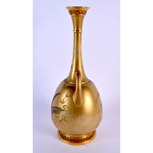 240 - Royal Worcester rare gold ground two handled vase decorated in Japanese style with a hummingbird and... 