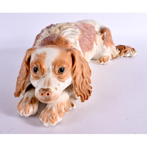 41 - A LARGE 19TH CENTURY CONTINENTAL PORCELAIN FIGURE OF A RECUMBENT DOG possibly Russian. 36 cm long.