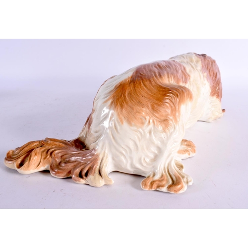 41 - A LARGE 19TH CENTURY CONTINENTAL PORCELAIN FIGURE OF A RECUMBENT DOG possibly Russian. 36 cm long.