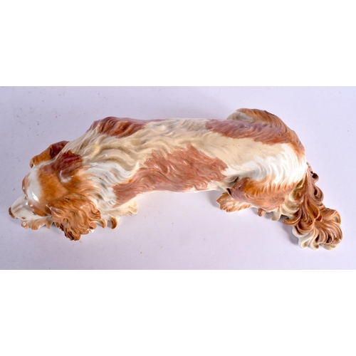 41 - A LARGE 19TH CENTURY CONTINENTAL PORCELAIN FIGURE OF A RECUMBENT DOG possibly Russian. 36 cm long.