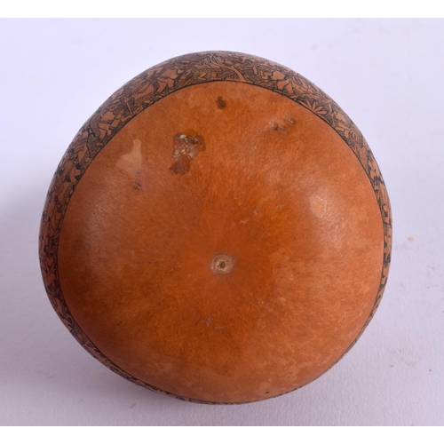 410 - AN ANTIQUE CONTINENTAL CARVED AND ENGRAVED GOURD NUT. 14 cm x 7 cm.