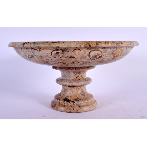 414 - AN EARLY 20TH CENTURY EUROPEAN FOSSILISED COUNTRY HOUSE STONE TAZZA. 18 cm diameter.