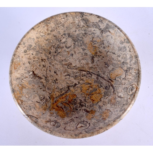 414 - AN EARLY 20TH CENTURY EUROPEAN FOSSILISED COUNTRY HOUSE STONE TAZZA. 18 cm diameter.