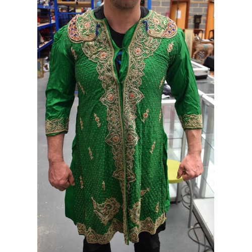 418 - AN INDIAN SILVER THREAD GREEN SILK PEACOCK ROBE. 110 cm x 115 cm.