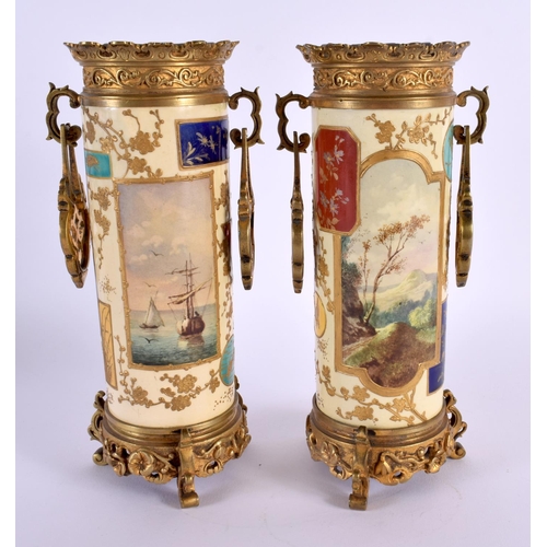 43 - A PAIR OF 19TH CENTURY FRENCH AESTHETIC MOVEMENT PORCELAIN VASES mounted in Japanese inspired bronze... 