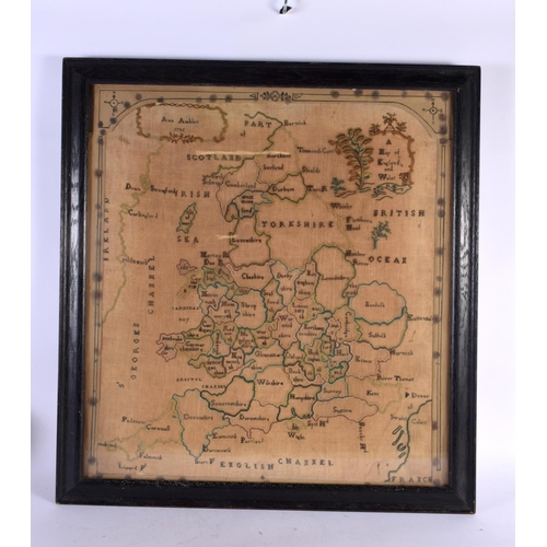 435 - AN 18TH CENTURY FRAMED SAMPLER MAP OF ENGLAND AND WALES by Ann Ambler 1785. 60 cm x 54 cm.