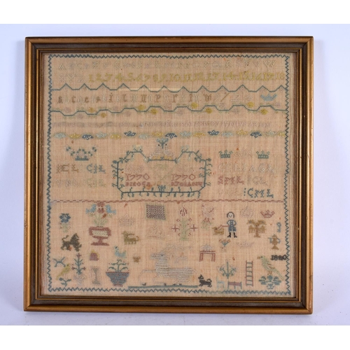 438 - AN 18TH CENTURY FRAMED EMBROIDERED SAMPLER C1770. 32 cm square.