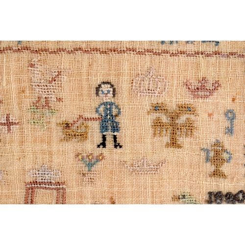 438 - AN 18TH CENTURY FRAMED EMBROIDERED SAMPLER C1770. 32 cm square.